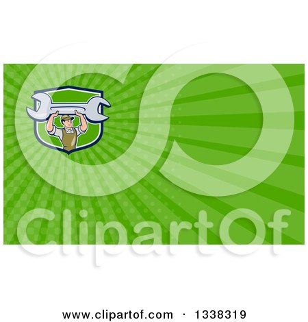 Clipart of a Cartoon White Male Mechanic Holding up a Giant Wrench in a Shield and Green Rays Background or Business Card Design - Royalty Free Illustration by patrimonio