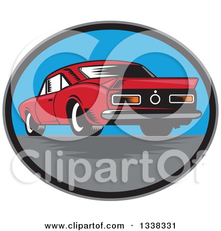 Clipart of a Rear View of a Retro Woodcut Rear Muscle Car in an Oval - Royalty Free Vector Illustration by patrimonio