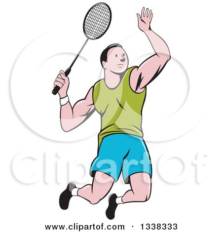Clipart of a Retro Cartoon White Male Badminton Player Jumping with a Racket - Royalty Free Vector Illustration by patrimonio
