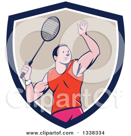 Clipart of a Retro Cartoon White Male Badminton Player with a Racket in a Navy Blue White and Tan Shield - Royalty Free Vector Illustration by patrimonio