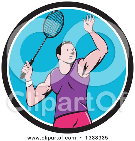 Clipart of a Retro Cartoon White Male Badminton Player with a Racket in a Black White and Blue Circle - Royalty Free Vector Illustration by patrimonio