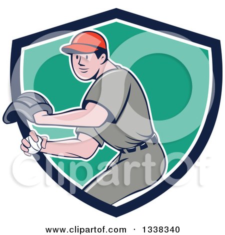 Clipart of a Retro Cartoon White Male Baseball Player Pitching in a Blue White and Turquoise Shield - Royalty Free Vector Illustration by patrimonio