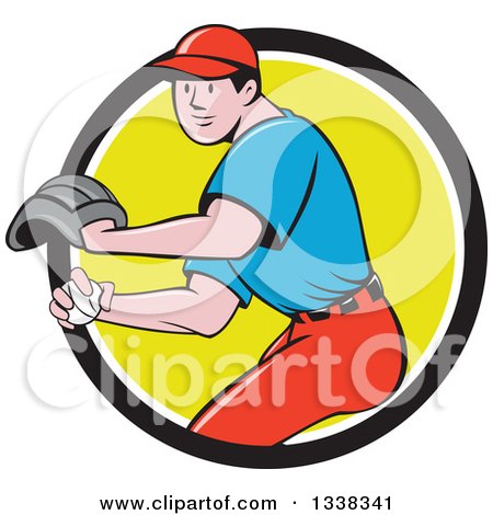 Clipart of a Retro Cartoon White Male Baseball Player Pitching in a Black White and Green Circle - Royalty Free Vector Illustration by patrimonio