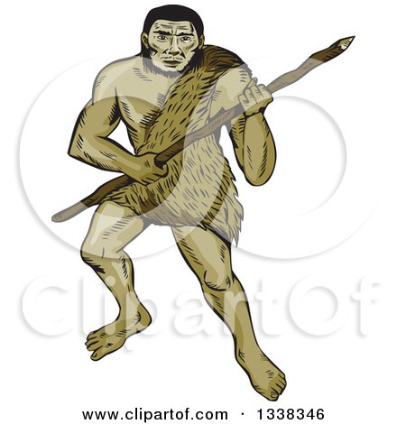 Clipart of a Sketched or Engraved Neanderthal Man with a Spear - Royalty Free Vector Illustration by patrimonio