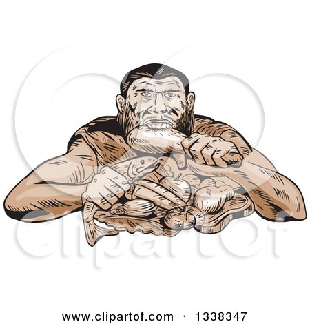 Clipart of a Sketched or Engraved Neanderthal Eating a Paleo Diet - Royalty Free Vector Illustration by patrimonio