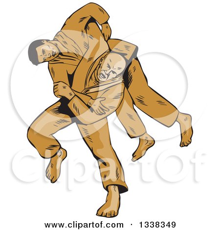 Clipart of a Sketched or Engraved Judo Judoka Combatant Throwing Takedown an Opponent - Royalty Free Vector Illustration by patrimonio