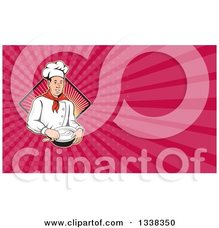 Clipart of a Retro Male Chef Holding a Bowl and Spoon over a Ray Diamond and Pink Rays Background or Business Card Design - Royalty Free Illustration by patrimonio
