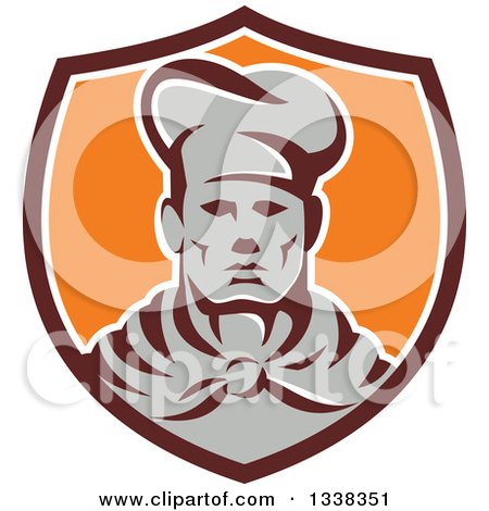 Clipart of a Retro Male Chef Wearing a Toque and Uniform in a Brown White and Orange Shield - Royalty Free Vector Illustration by patrimonio
