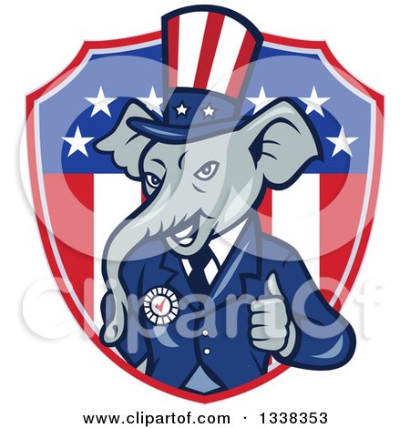 Clipart of a Retro Cartoon Republican GOP Party Elephant Uncle Sam Giving a Thumb up and Emerging from an American Shield - Royalty Free Vector Illustration by patrimonio