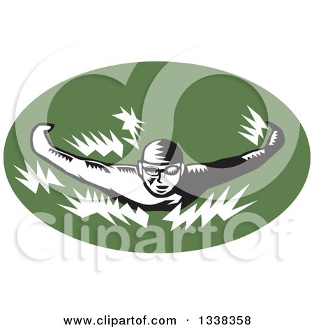 Clipart of a Retro Black and White Woodcut Male Swimmer Doing the Butterfly Stroke in a Green Oval - Royalty Free Vector Illustration by patrimonio
