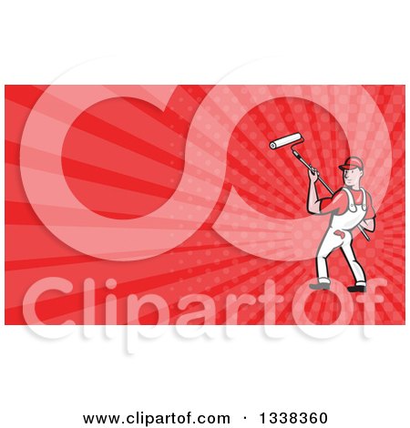 Clipart of a Cartoon White Male Painter Using a Roller Brush and Red Rays Background or Business Card Design - Royalty Free Illustration by patrimonio