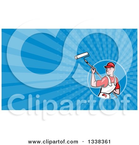 Clipart of a Cartoon White Male Painter Using a Roller Brush in a Circle and Blue Rays Background or Business Card Design - Royalty Free Illustration by patrimonio