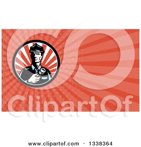 Clipart of a Retro Police Officer Holding a Flashlight in a Circle and Red Rays Background or Business Card Design - Royalty Free Illustration by patrimonio