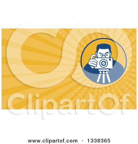 Clipart of a Retro Male Photographer Taking Pictures on a Tripod and Yellow Rays Background or Business Card Design - Royalty Free Illustration by patrimonio
