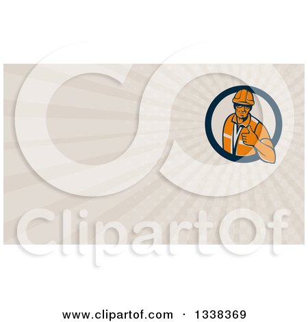 Clipart of a Retro Male Construction Worker Giving a Thumb up in a Circle and Taupe Rays Background or Business Card Design - Royalty Free Illustration by patrimonio