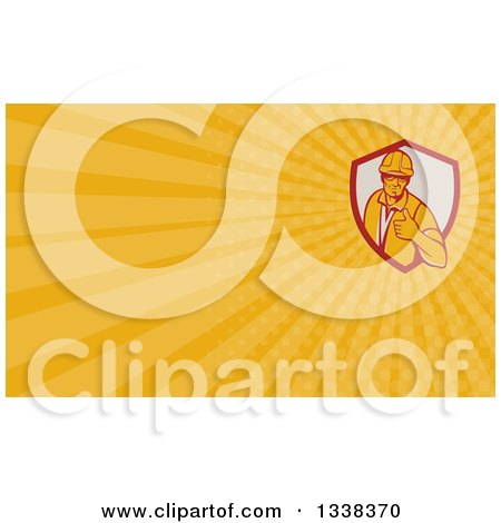 Clipart of a Retro Male Construction Worker Giving a Thumb up in a Shield and Yellow Rays Background or Business Card Design - Royalty Free Illustration by patrimonio
