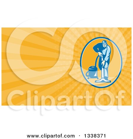 Clipart of a Retro Male Janitor Using a Vacuum and Orange Rays Background or Business Card Design - Royalty Free Illustration by patrimonio
