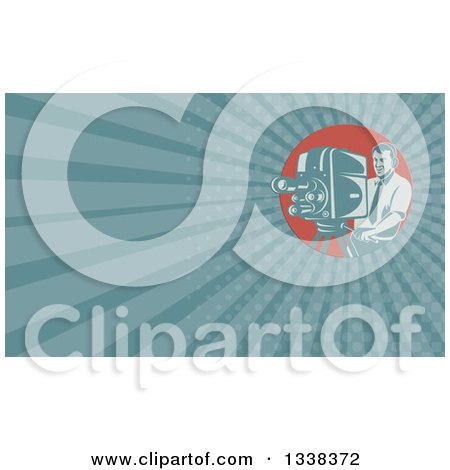 Clipart of a Retro Male Cameraman Filming and Blue Rays Background or Business Card Design - Royalty Free Illustration by patrimonio