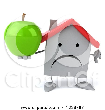 Clipart of a 3d Unhappy White House Character Giving a Thumb down and Holding a Green Apple - Royalty Free Illustration by Julos