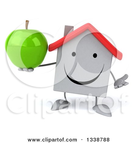 Clipart of a 3d Happy White House Character Shrugging and Holding a Green Apple - Royalty Free Illustration by Julos