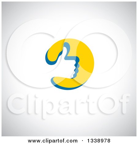 Clipart of a Thumb up like Hand Cutout in a Blue and Yellow Circle App Icon Design Element over Gray Shading - Royalty Free Vector Illustration by ColorMagic