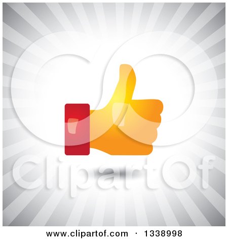 Clipart of a Red and Orange Shiny Thumb up like App Icon Design Element over Gray Rays - Royalty Free Vector Illustration by ColorMagic