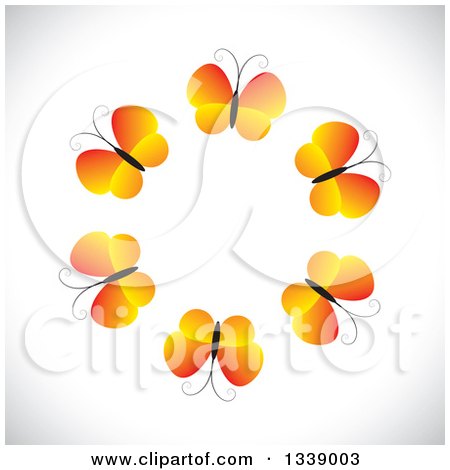 Clipart of a Circle of Gradient Orange Butterflies over Shading - Royalty Free Vector Illustration by ColorMagic