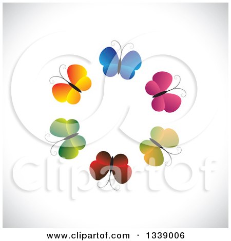 Clipart of a Circle of Gradient Colorful Butterflies over Shading - Royalty Free Vector Illustration by ColorMagic