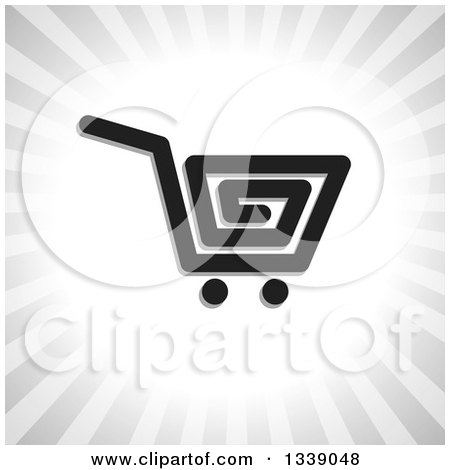 Clipart of a Black Shopping Cart Retail Icon over Gray Rays - Royalty Free Vector Illustration by ColorMagic