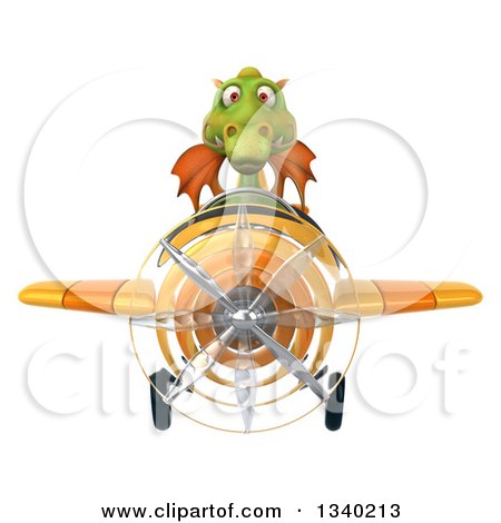 Clipart of a 3d Green Dragon Aviator Pilot Flying a Yellow Airplane - Royalty Free Illustration by Julos