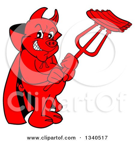 Clipart of a Cartoon Grinning Red Pig Devil Holding Bbq Ribs on a Trident - Royalty Free Vector Illustration by LaffToon