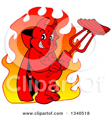 Clipart of a Cartoon Grinning Red Pig Devil over Flames, Holding Bbq Ribs on a Trident - Royalty Free Vector Illustration by LaffToon