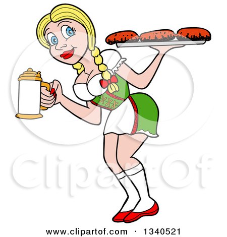 Clipart of a Cartoon Blond German Waitress Carrying a Beer Stein and Sausages - Royalty Free Vector Illustration by LaffToon