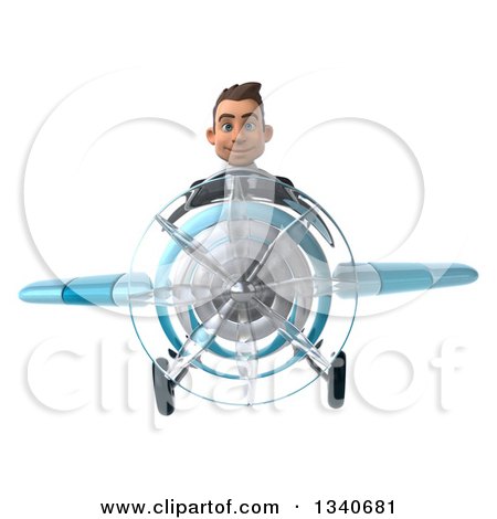 Clipart of a 3d Young White Businessman Aviator Pilot Flying a Blue Airplane - Royalty Free Illustration by Julos