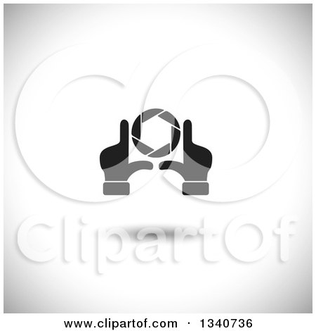 Clipart of a Floating Pair of Hands Making a Frame Around a Colorful Shutter Camera Lens over Shading - Royalty Free Vector Illustration by ColorMagic