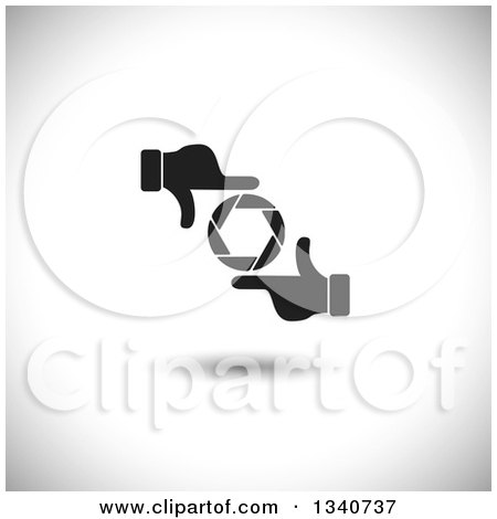 Clipart of a Floating Pair of Hands Making a Frame Around a Colorful Shutter Camera Lens over Shading 2 - Royalty Free Vector Illustration by ColorMagic