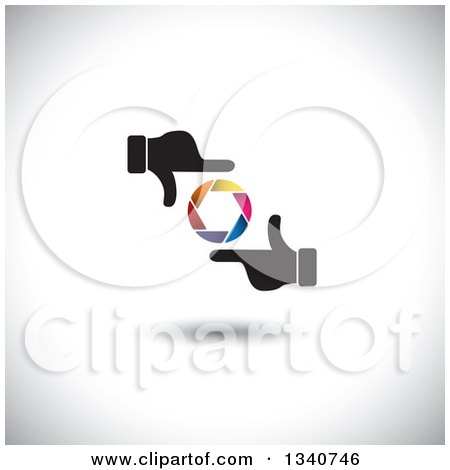 Clipart of a Pair of Hands Making a Frame Around a Colorful Shutter Camera Lens over Shading - Royalty Free Vector Illustration by ColorMagic
