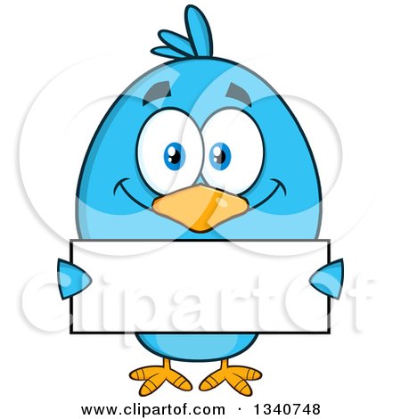 Clipart of a Cartoon Blue Bird Holding a Blank Sign - Royalty Free Vector Illustration by Hit Toon