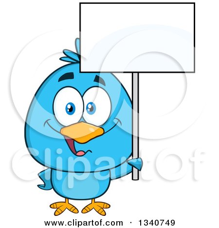 Clipart of a Cartoon Blue Bird Holding up a Blank Sign - Royalty Free Vector Illustration by Hit Toon