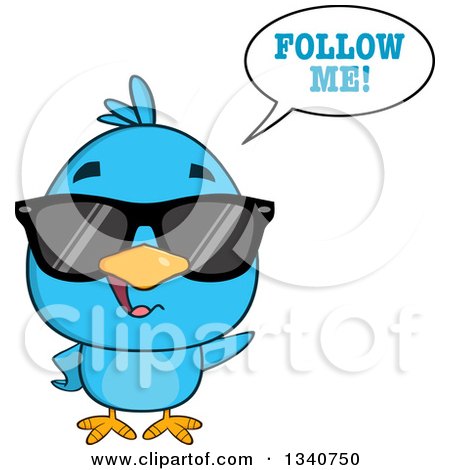 Clipart of a Cartoon Blue Bird Wearing Sunglasses and Saying Follow Me - Royalty Free Vector Illustration by Hit Toon
