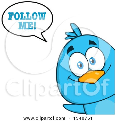 Clipart of a Cartoon Blue Bird Looking Around a Sign and Saying Follow Me - Royalty Free Vector Illustration by Hit Toon