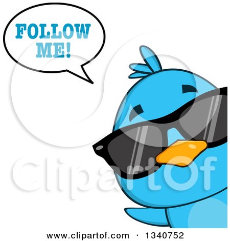 Clipart of a Cartoon Blue Bird Wearing Sunglasses, Looking Around a Sign and Saying Follow Me - Royalty Free Vector Illustration by Hit Toon