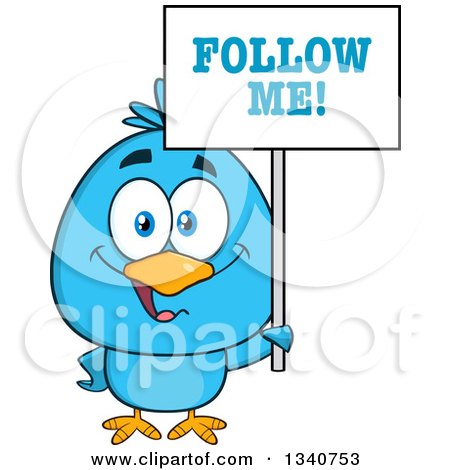 Clipart of a Cartoon Blue Bird Holding a Follow Me Sign 2 - Royalty Free Vector Illustration by Hit Toon