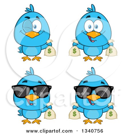 Clipart of Cartoon Blue Birds with Money Bags - Royalty Free Vector Illustration by Hit Toon