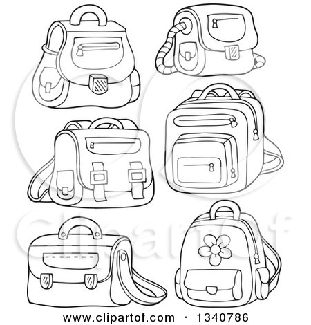 Lineart Clipart of Cartoon Black and White School Bags - Royalty Free  Outline Vector Illustration by visekart #1340786