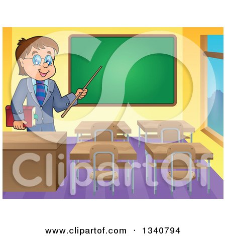 Clipart of a Cartoon Brunette White Male Teacher with Glasses, Holding a Book and Pointer Stick by a Chalk Board in a Classroom - Royalty Free Vector Illustration by visekart