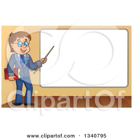 Clipart of a Cartoon Brunette White Male Teacher with Glasses, Holding a Book and Pointer Stick by a White Board - Royalty Free Vector Illustration by visekart