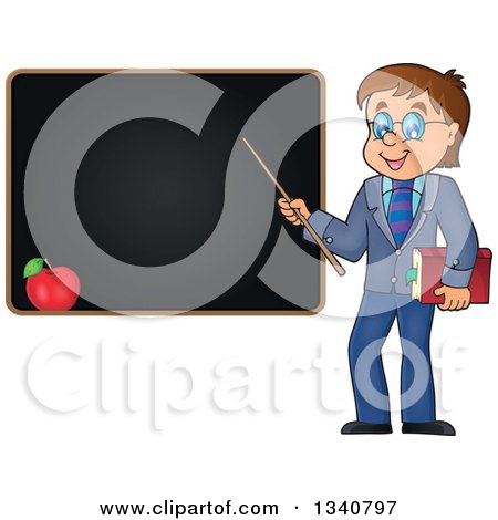 Clipart of a Cartoon Brunette White Male Teacher with Glasses, Holding a Book and Pointer Stick by a Black Board - Royalty Free Vector Illustration by visekart