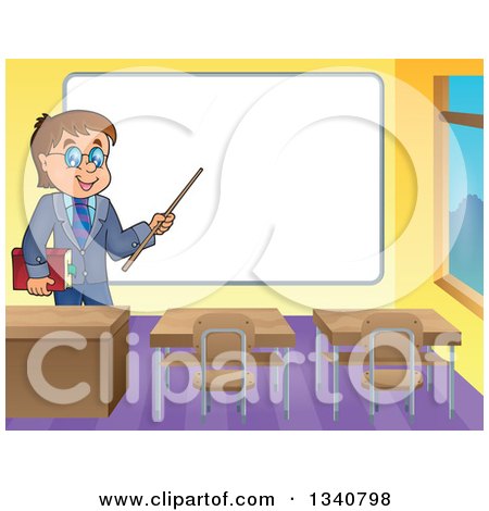 Clipart of a Cartoon Brunette White Male Teacher with Glasses, Holding a Book and Pointer Stick by a White Board in a Classroom - Royalty Free Vector Illustration by visekart