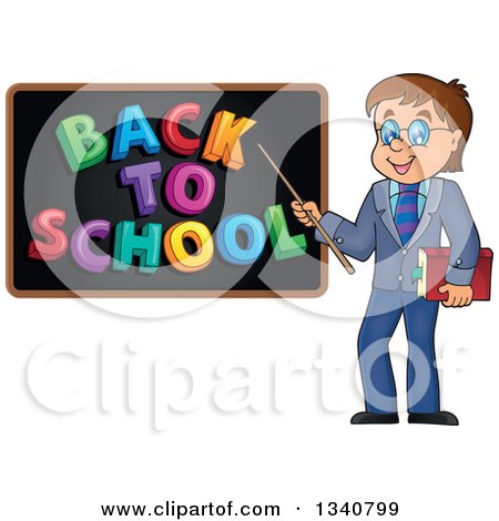 Clipart of a Cartoon Brunette White Male Teacher with Glasses, Holding a Book and Pointer Stick to a Back to School Black Board - Royalty Free Vector Illustration by visekart